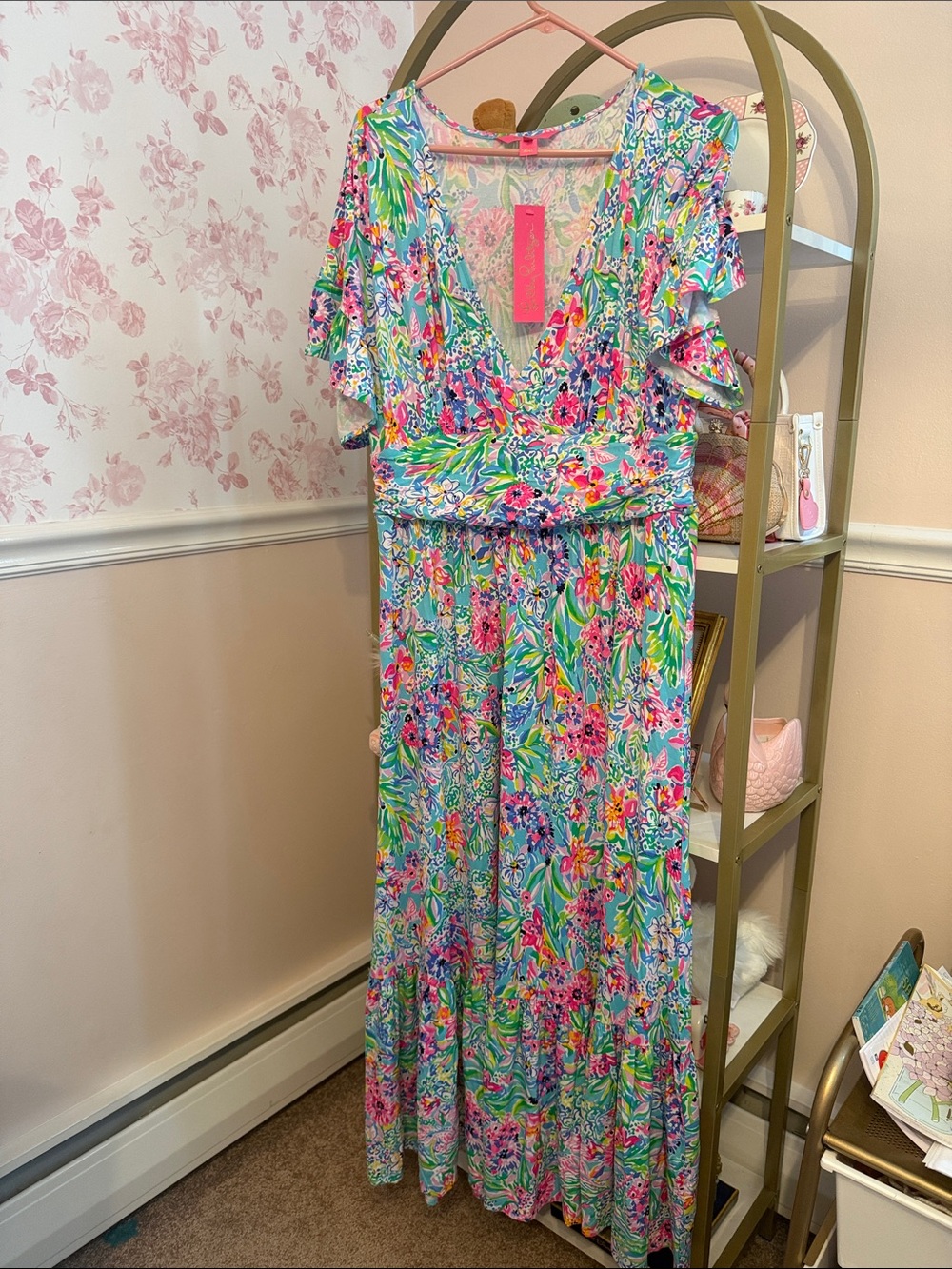 Lilly Pulitzer Tropical Floral V-Neck Maxi Dress in Pink, Green, Blue